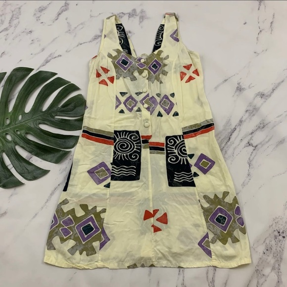 Womens Vintage 90s Sundress Size S Art Block Print Floral Lace Up Back Shift - Picture 1 of 6